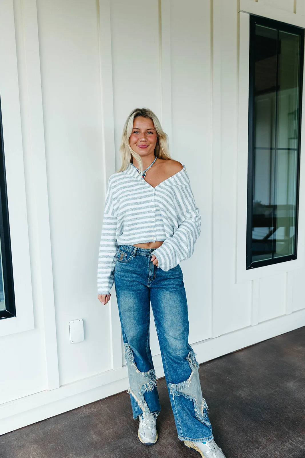 Alfie Striped Cardigan - Ivory/Heather Grey