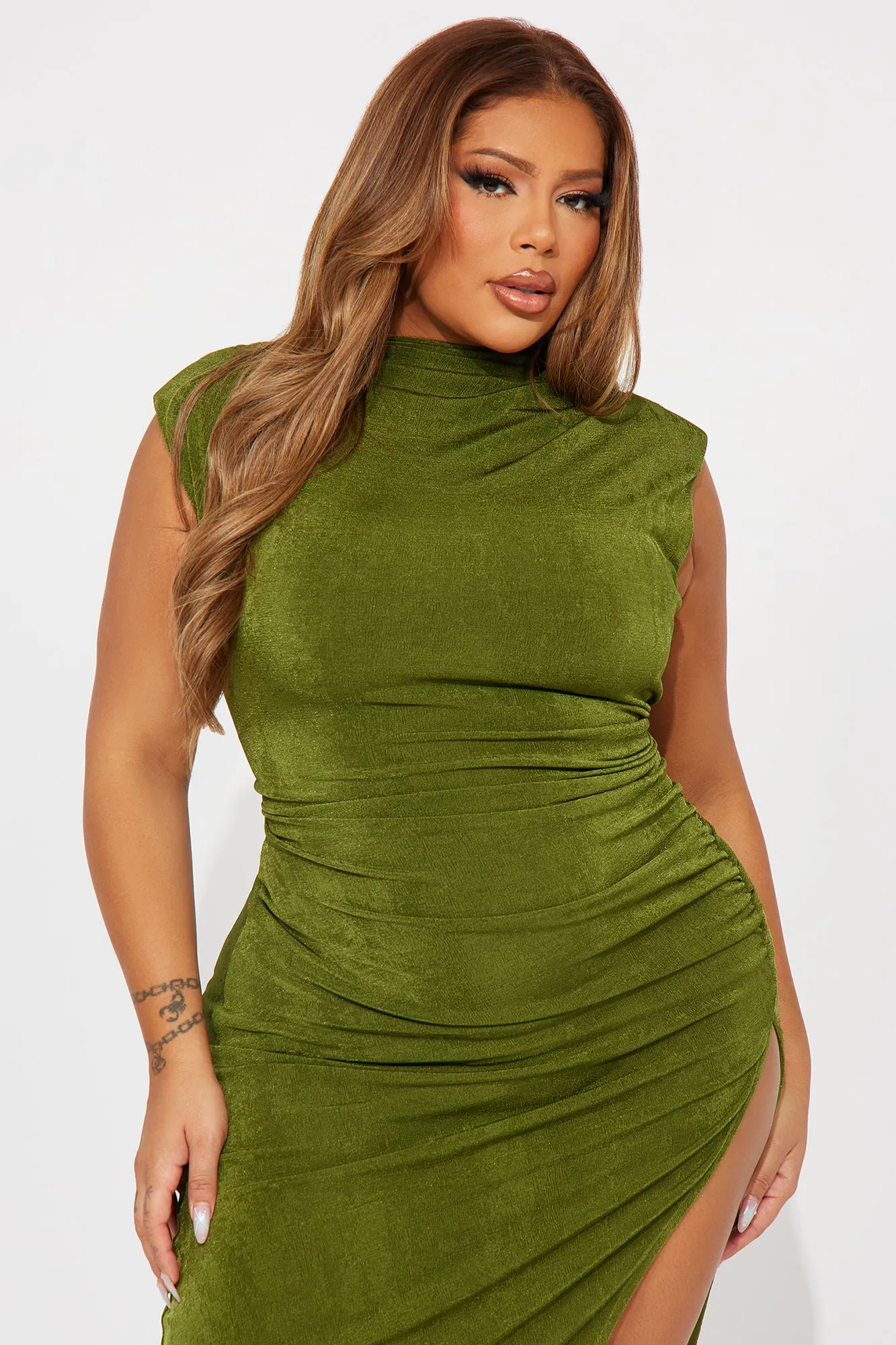 Alice Ruched Midi Dress - Olive