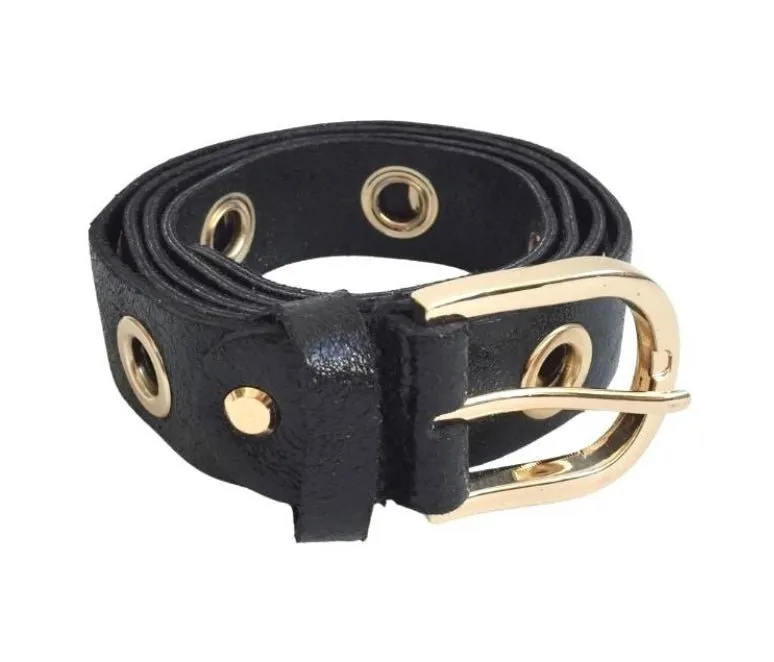 Black leather belt with gold grommet