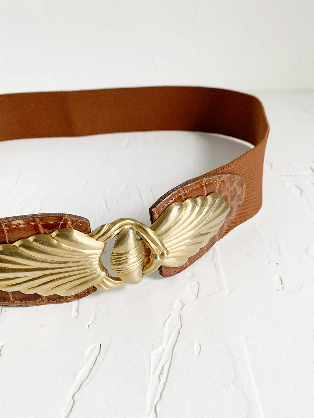 Brown Stretch Belt with Interlocking Brass Buckle