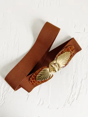 Brown Stretch Belt with Interlocking Brass Buckle