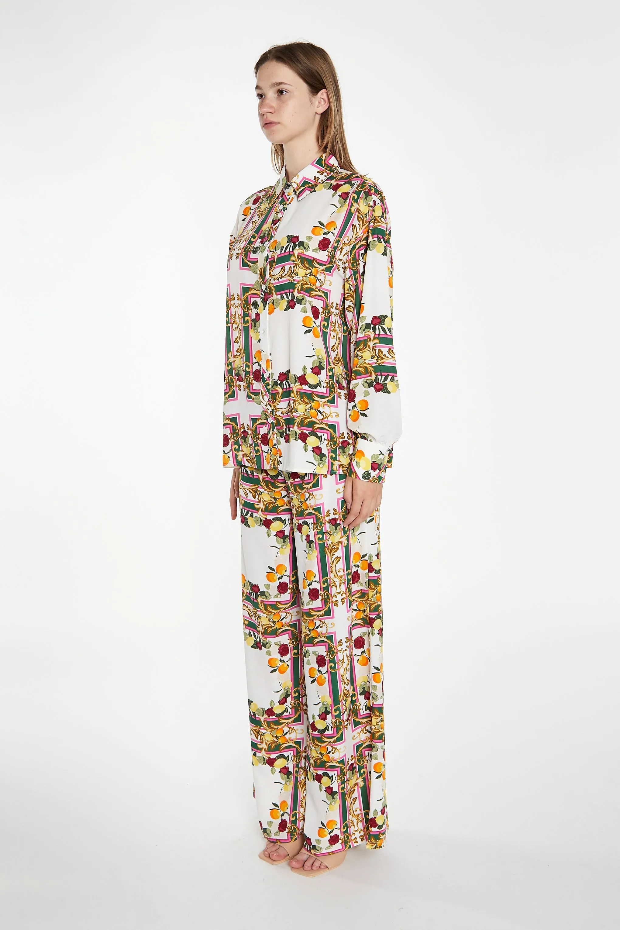 Citrus Scarf Print Wide Leg Trousers