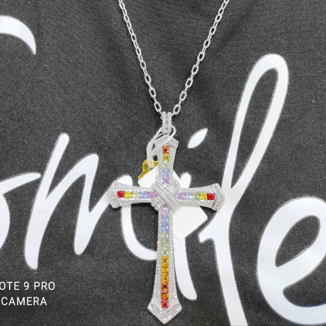 Colorful Diamond Cross Pendant 14K White Gold