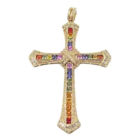 Colorful Diamond Cross Pendant 14K Yellow Gold