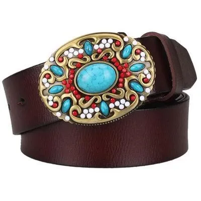 Cowgirl Genuine leather belt mosaic gem turquoise belts metal buckle Belt Gifts