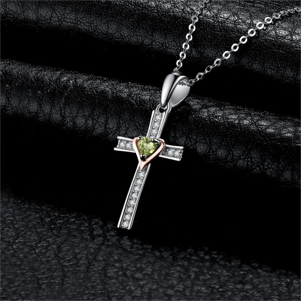 Cross Love Heart Natural Peridot Pendant - 925 Sterling Silver