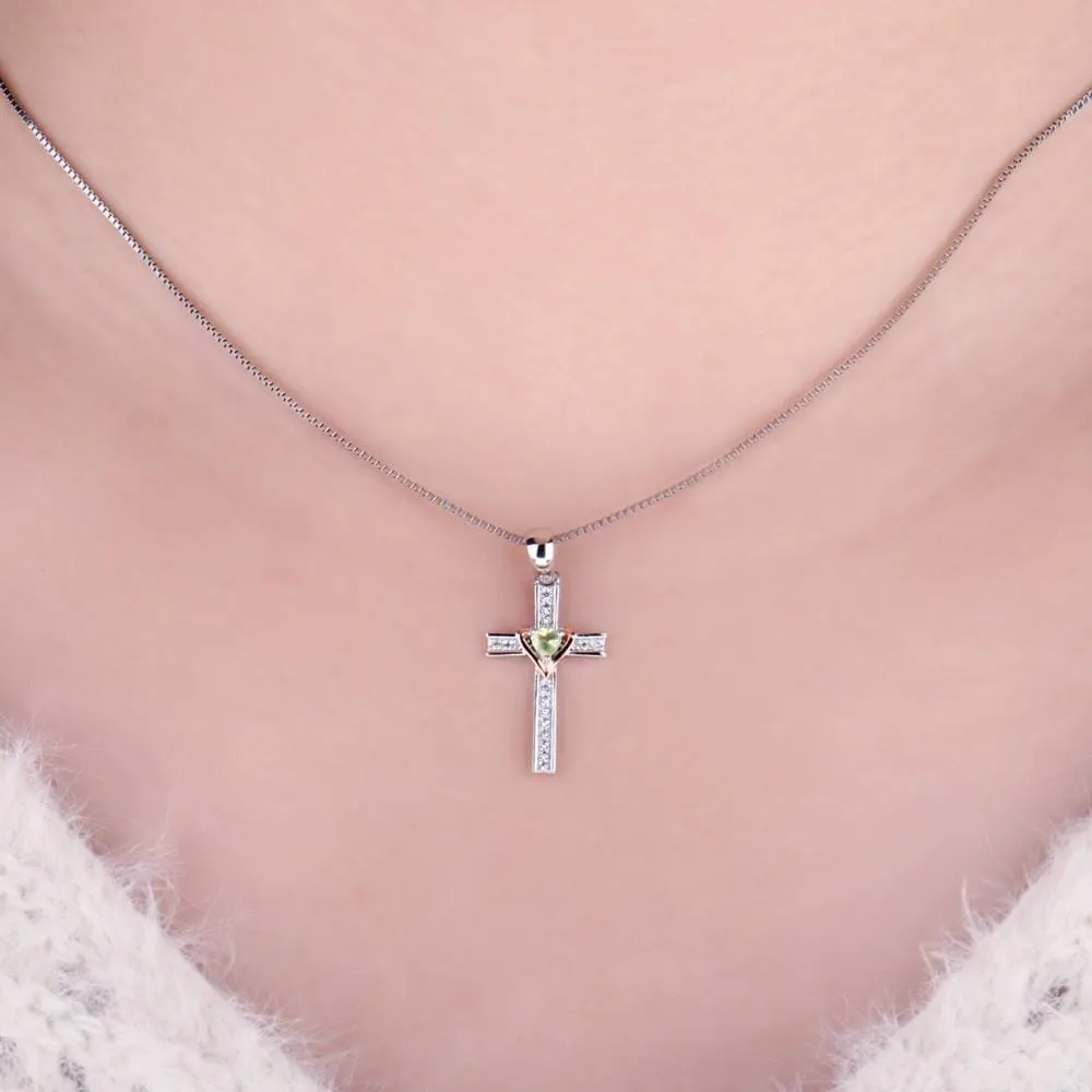 Cross Love Heart Natural Peridot Pendant - 925 Sterling Silver