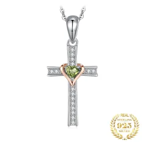 Cross Love Heart Natural Peridot Pendant - 925 Sterling Silver