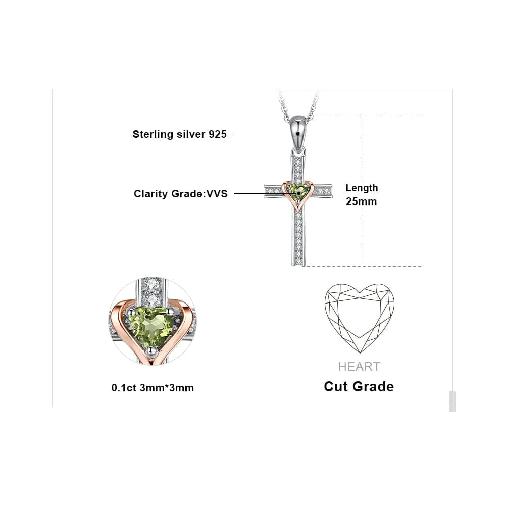 Cross Love Heart Natural Peridot Pendant - 925 Sterling Silver