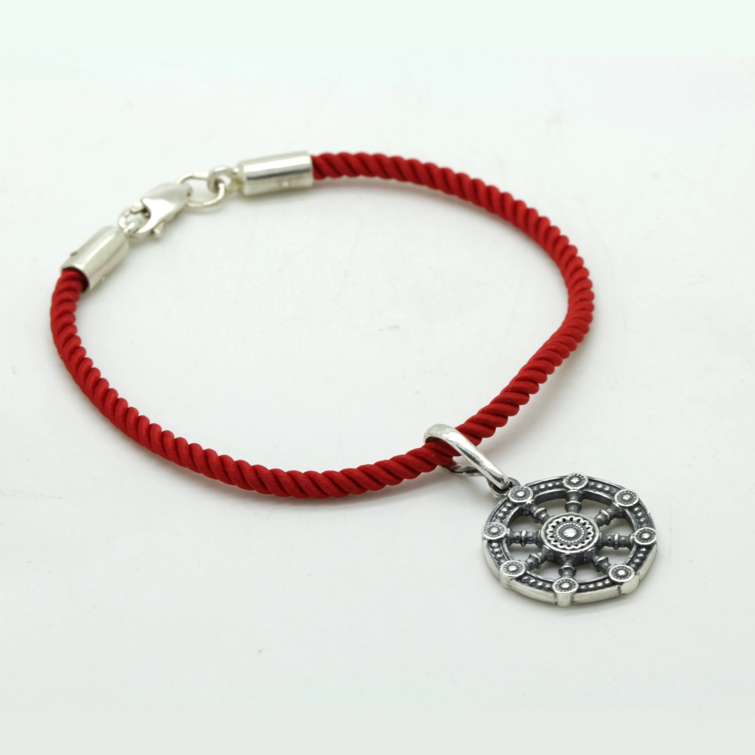 Dharmachakra, Wheel of Dharma, Bracelet Red Rope Braid,  Pendant Sterling Silver 925