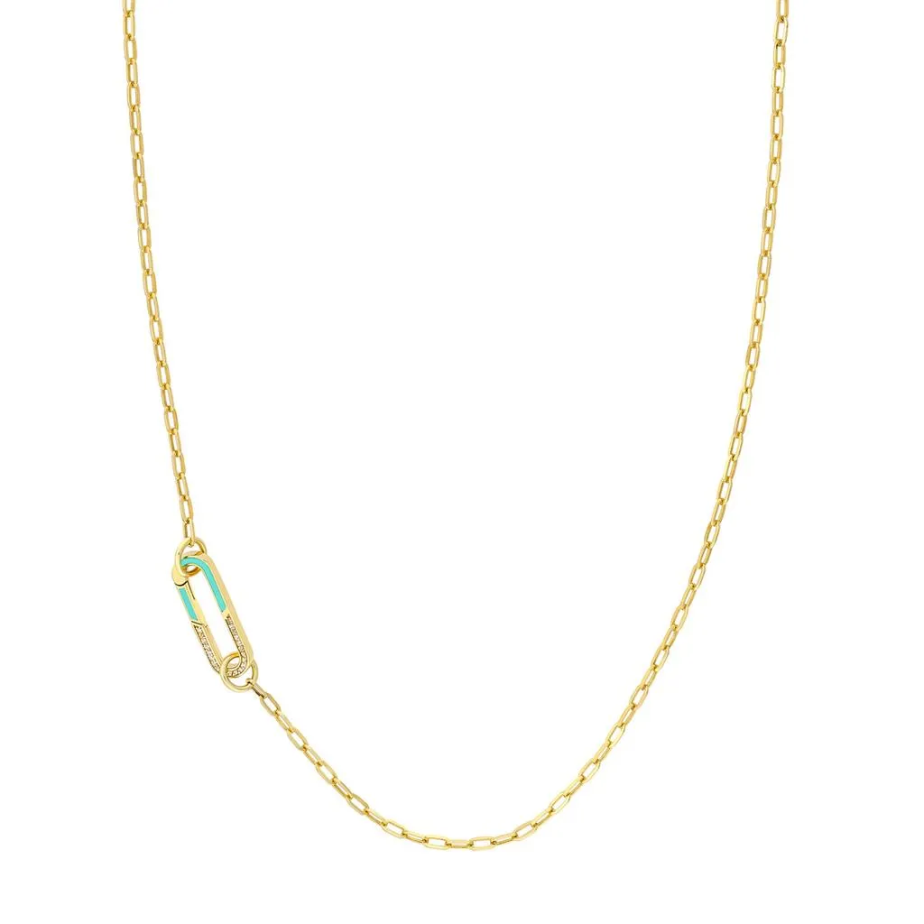 Diamond   Enamel Push Lock Pendant - Teal & Yellow Gold