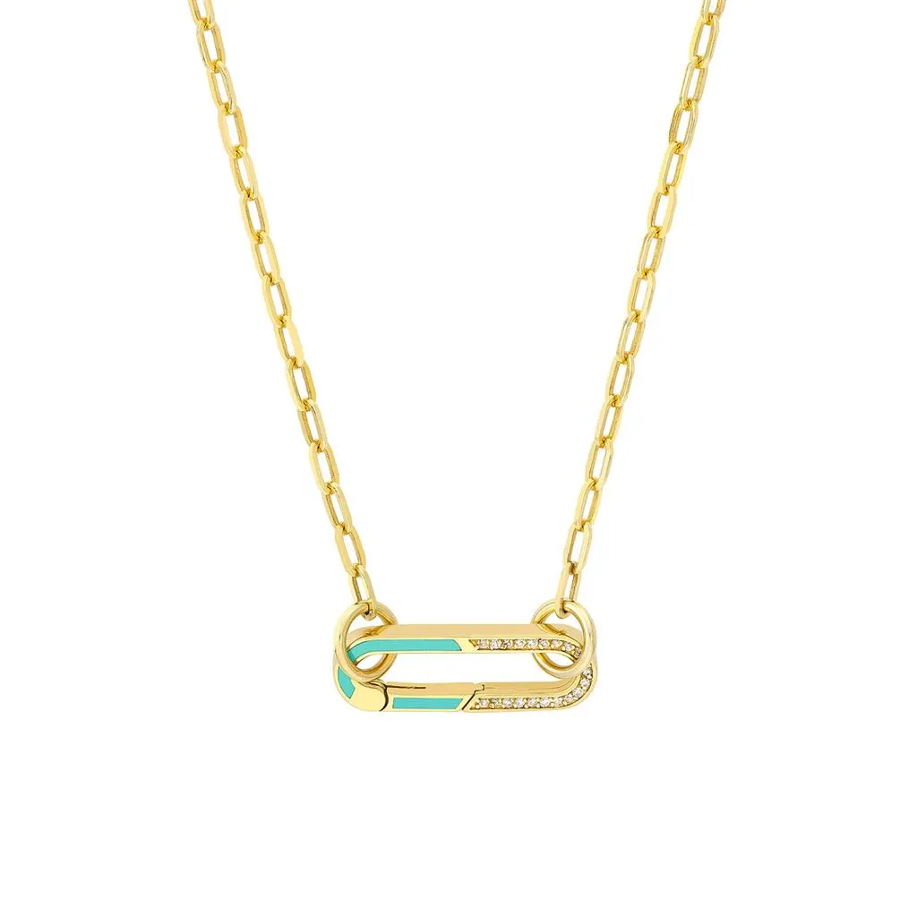 Diamond   Enamel Push Lock Pendant - Teal & Yellow Gold