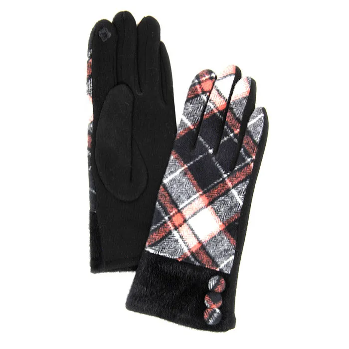 Faux Fur Cuff Plaid Pattern Button Detail Smart Gloves