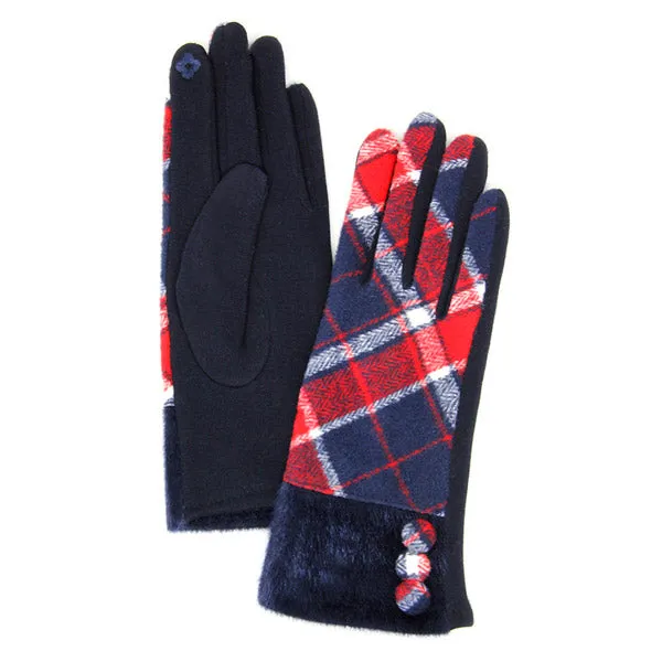 Faux Fur Cuff Plaid Pattern Button Detail Smart Gloves