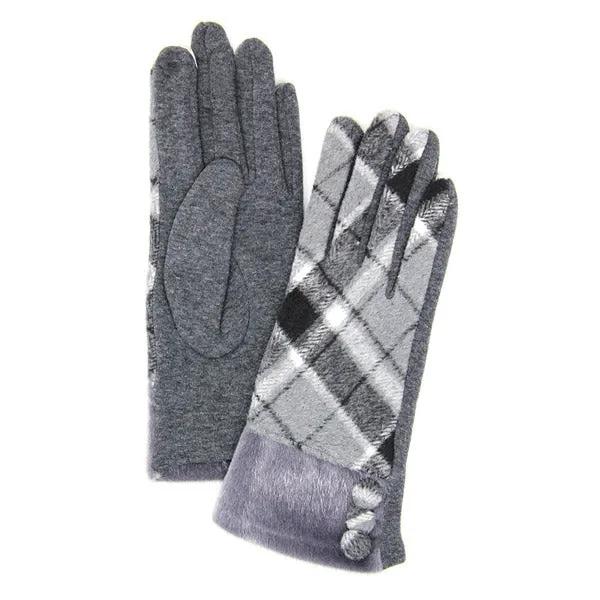 Faux Fur Cuff Plaid Pattern Button Detail Smart Gloves