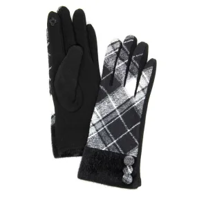 Faux Fur Cuff Plaid Pattern Button Detail Smart Gloves