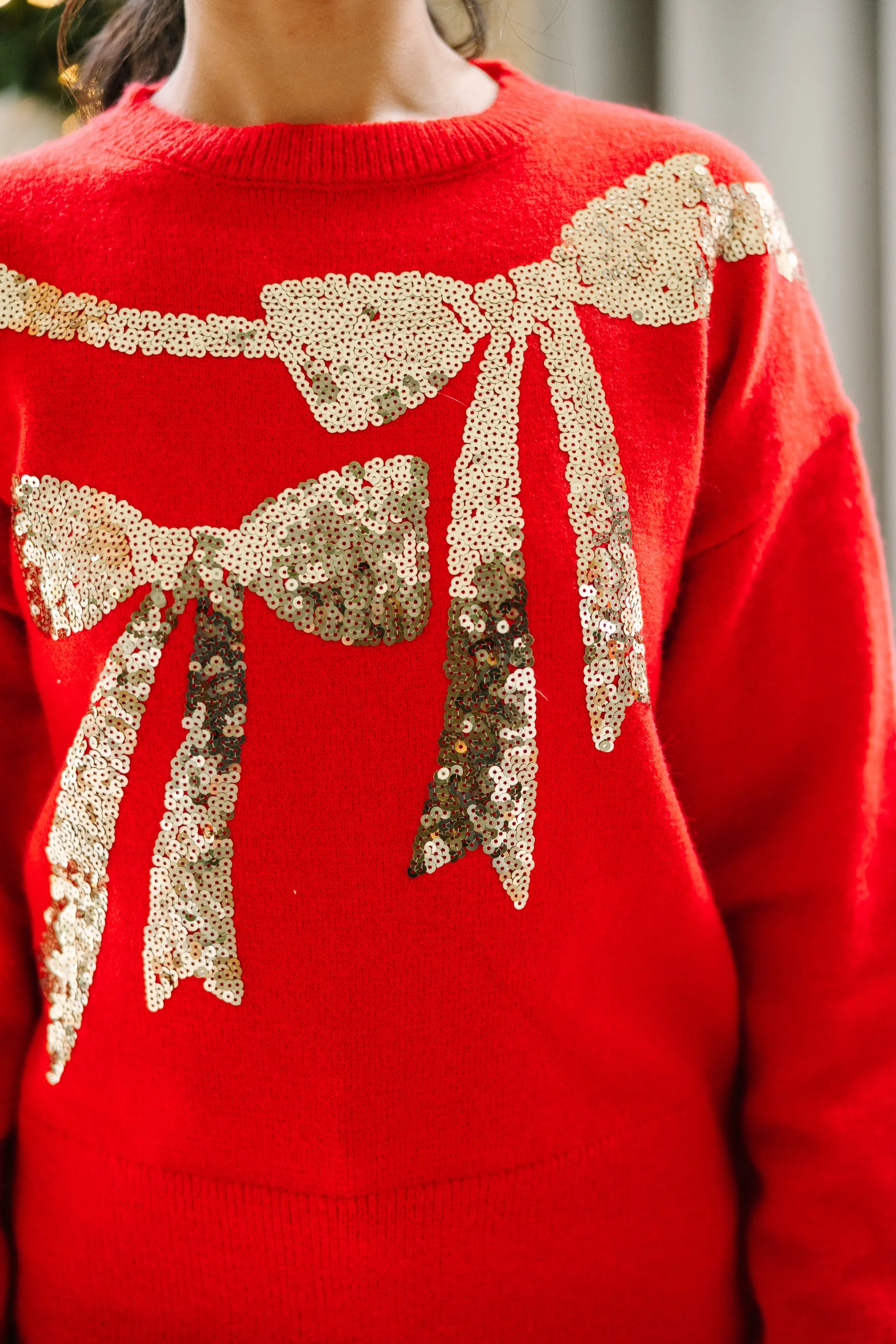 Feeling Present Red Sequin Bow Sweater