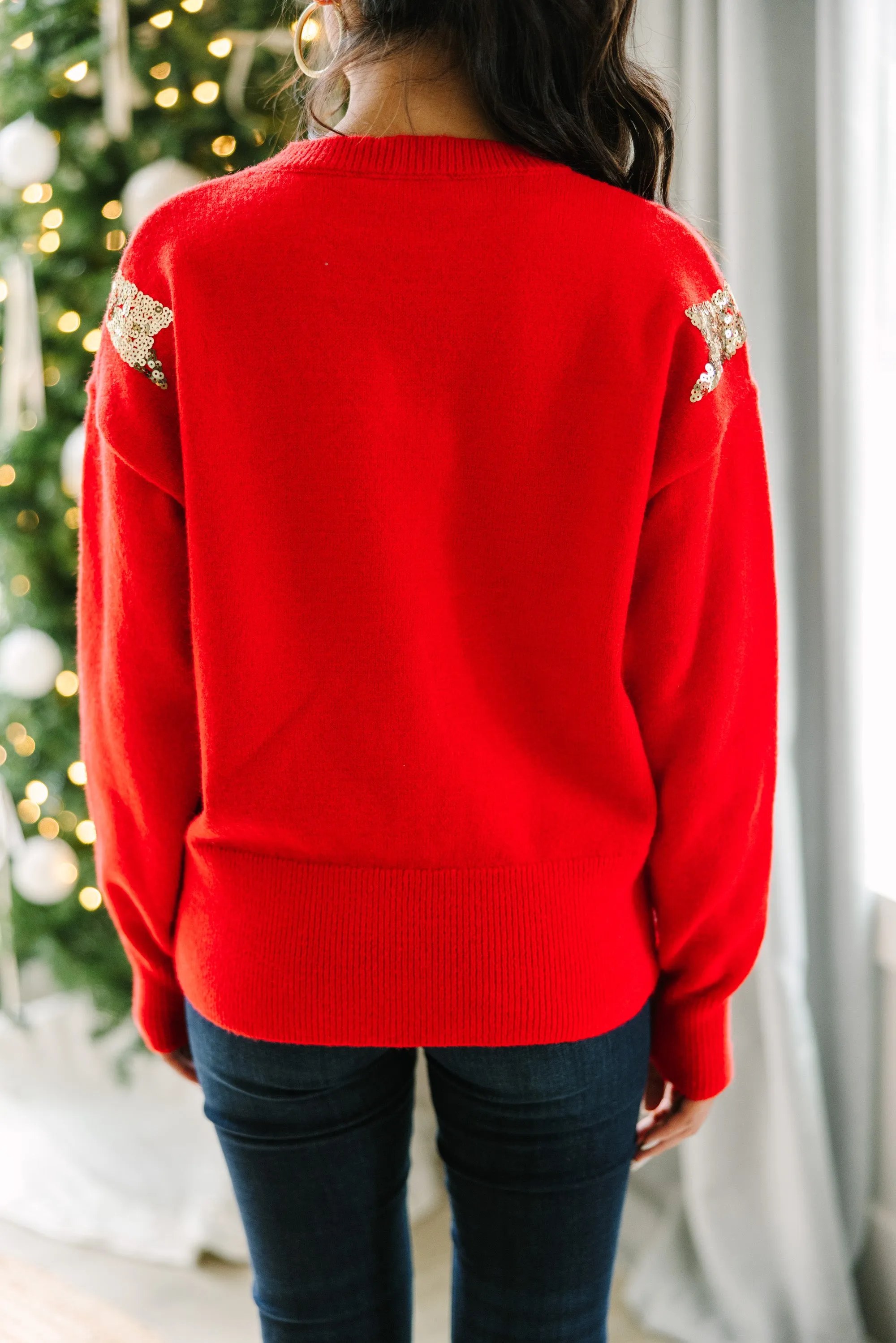 Feeling Present Red Sequin Bow Sweater