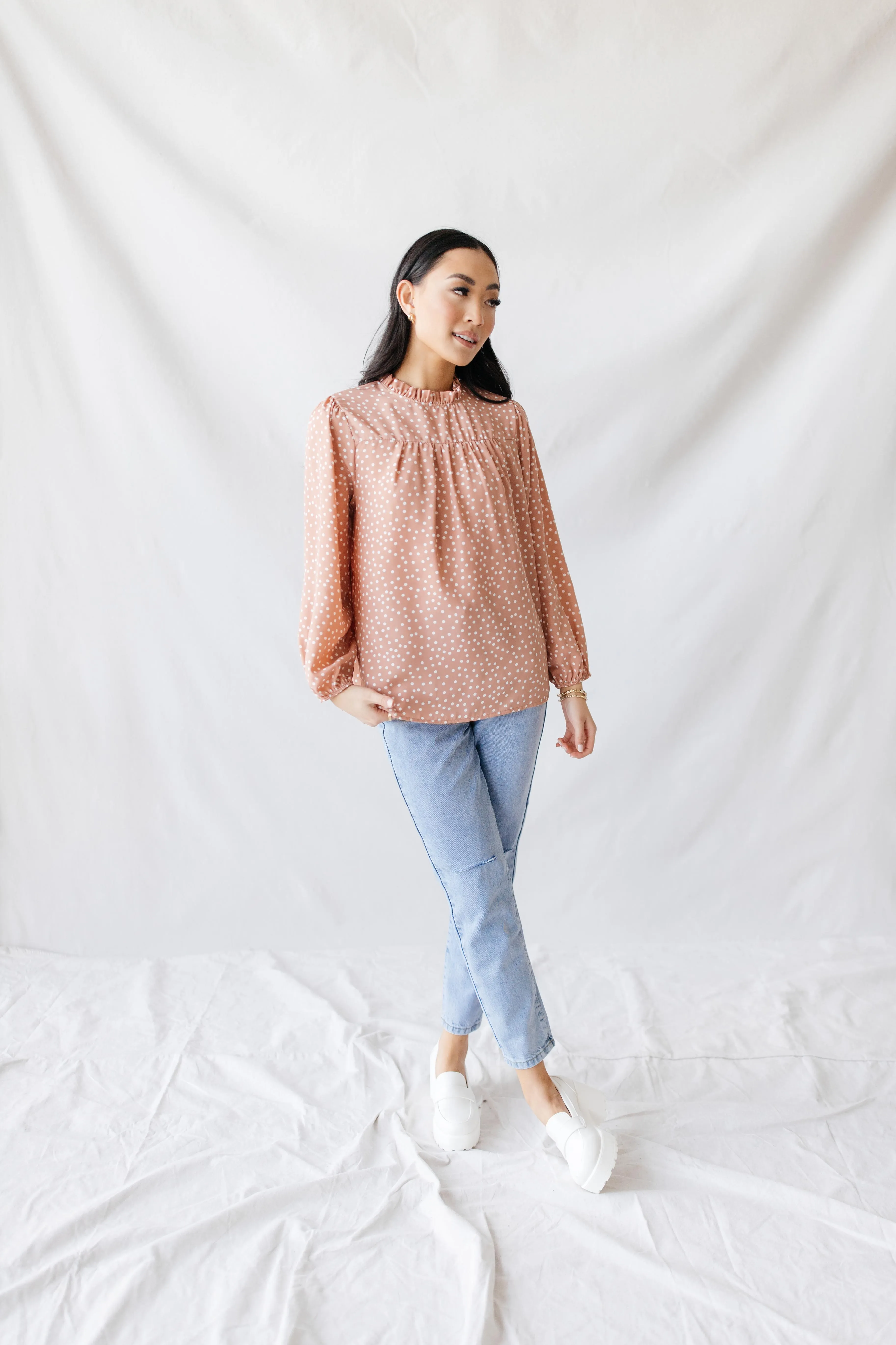 Frill Mock Neck Dotted Top