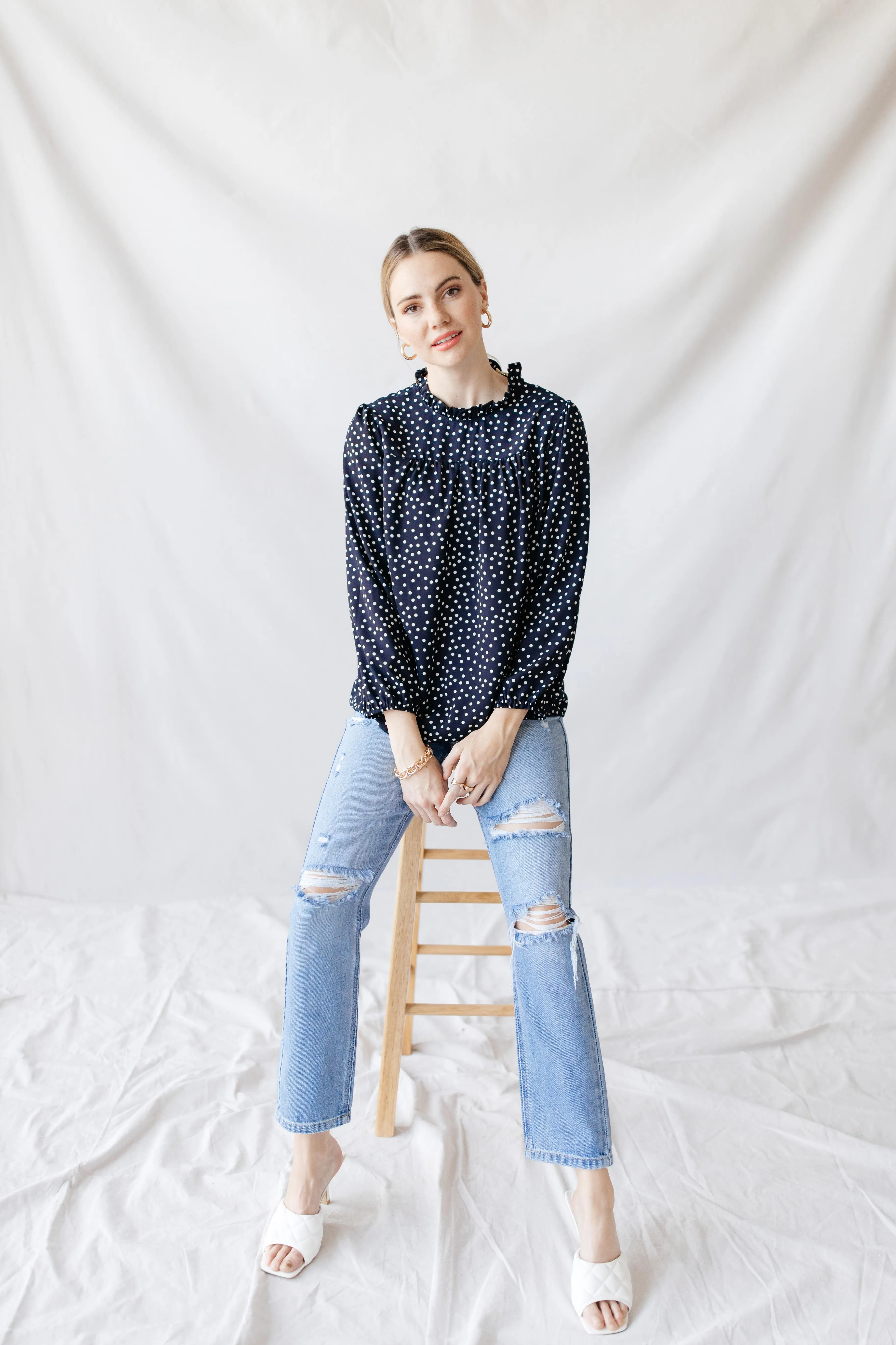 Frill Mock Neck Dotted Top