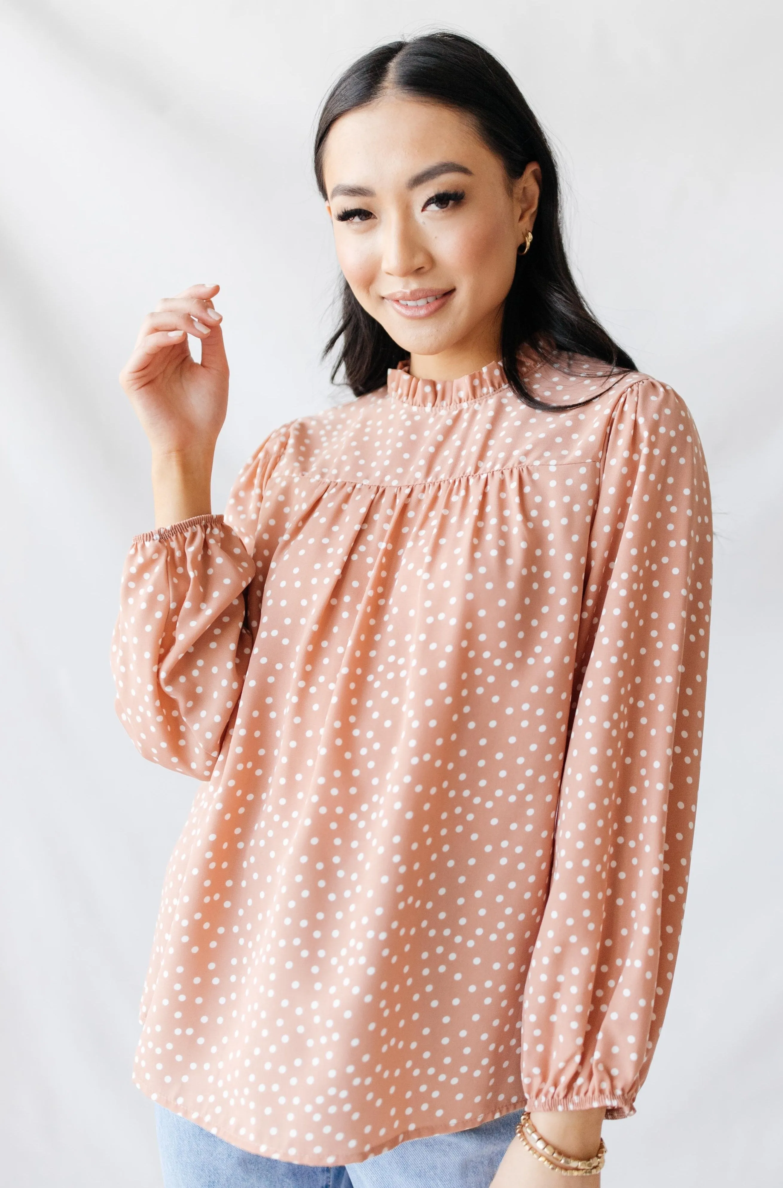 Frill Mock Neck Dotted Top