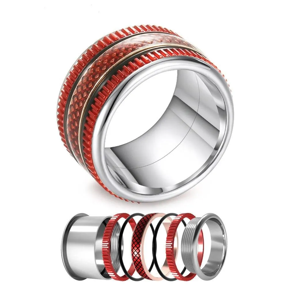 Gear and Crisscross Pattern Stainless Steel, Aluminum, Stackable, Rotatable, and Interchangeable Ring