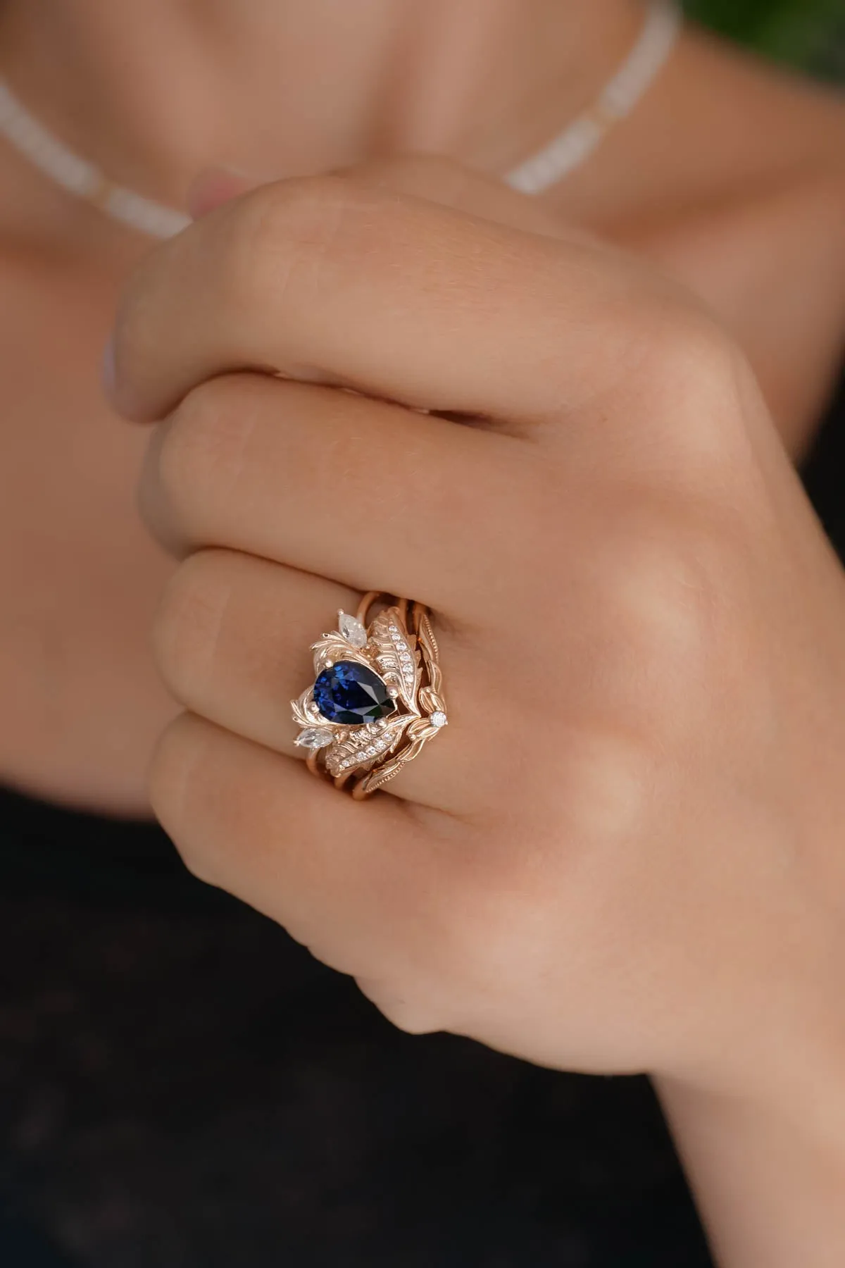 Genuine sapphire bridal ring set, gold engagement and wedding rings set with diamonds / Adonis