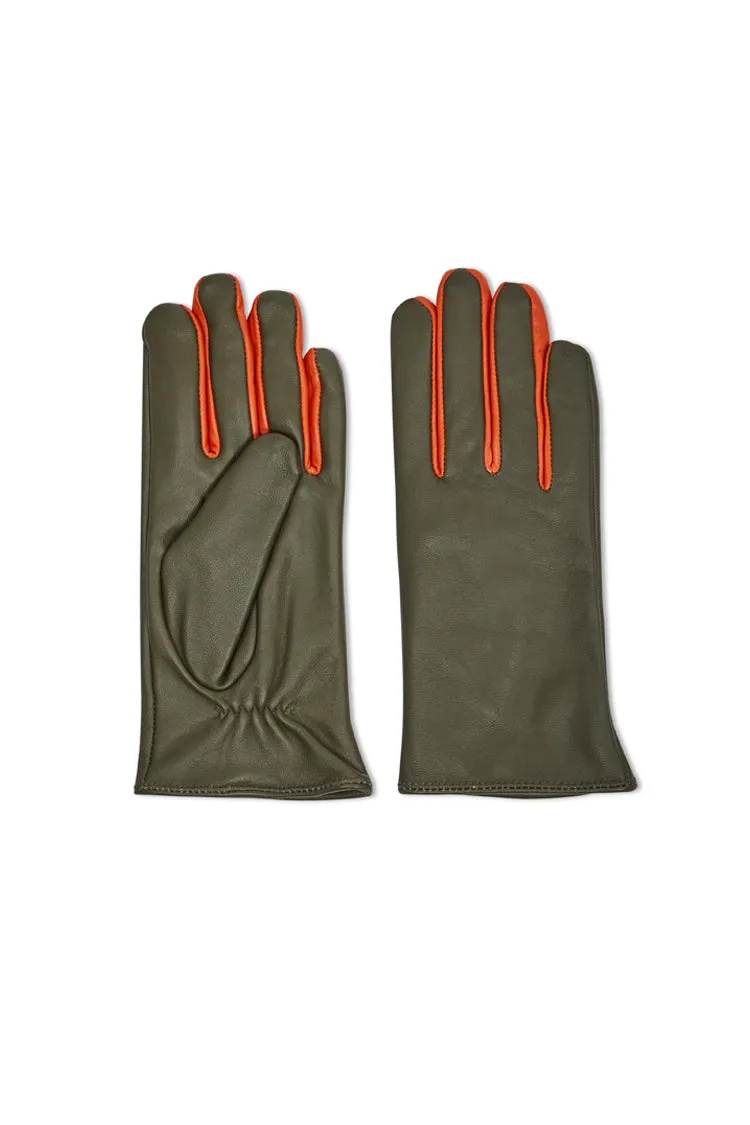 Khaki And Orange Leather Gloves