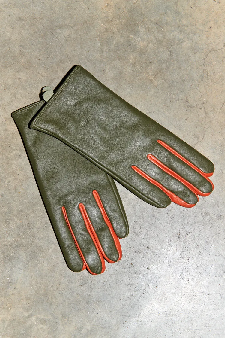 Khaki And Orange Leather Gloves