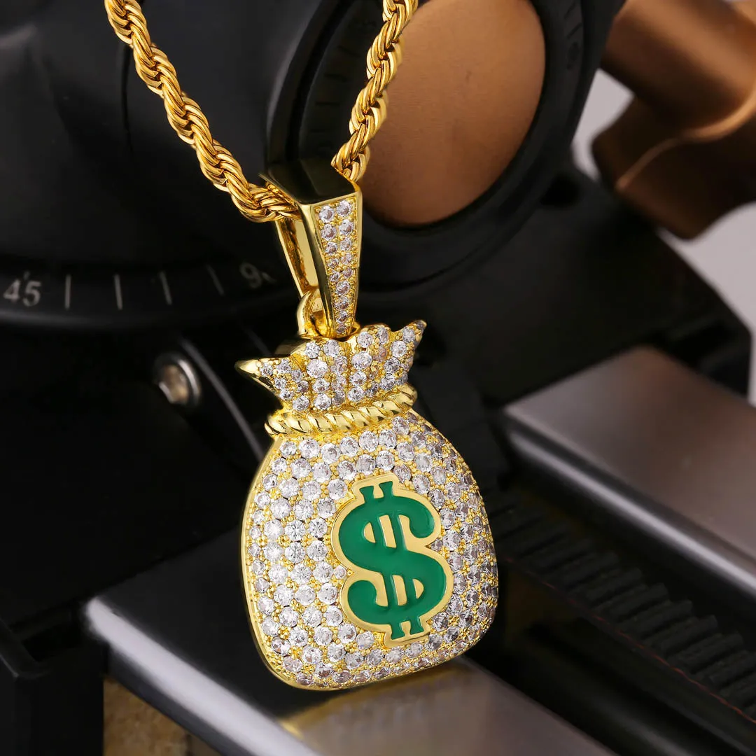 KRKC Iced Out Money Bag Mens Pendant Necklace in 14K Gold