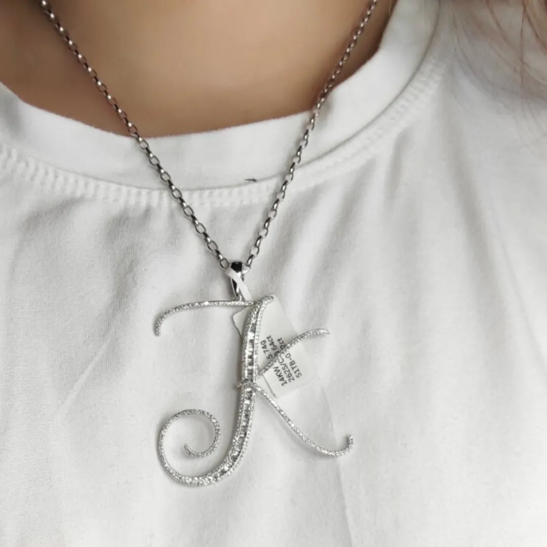 Letter K Diamond Pendant 14K White Gold