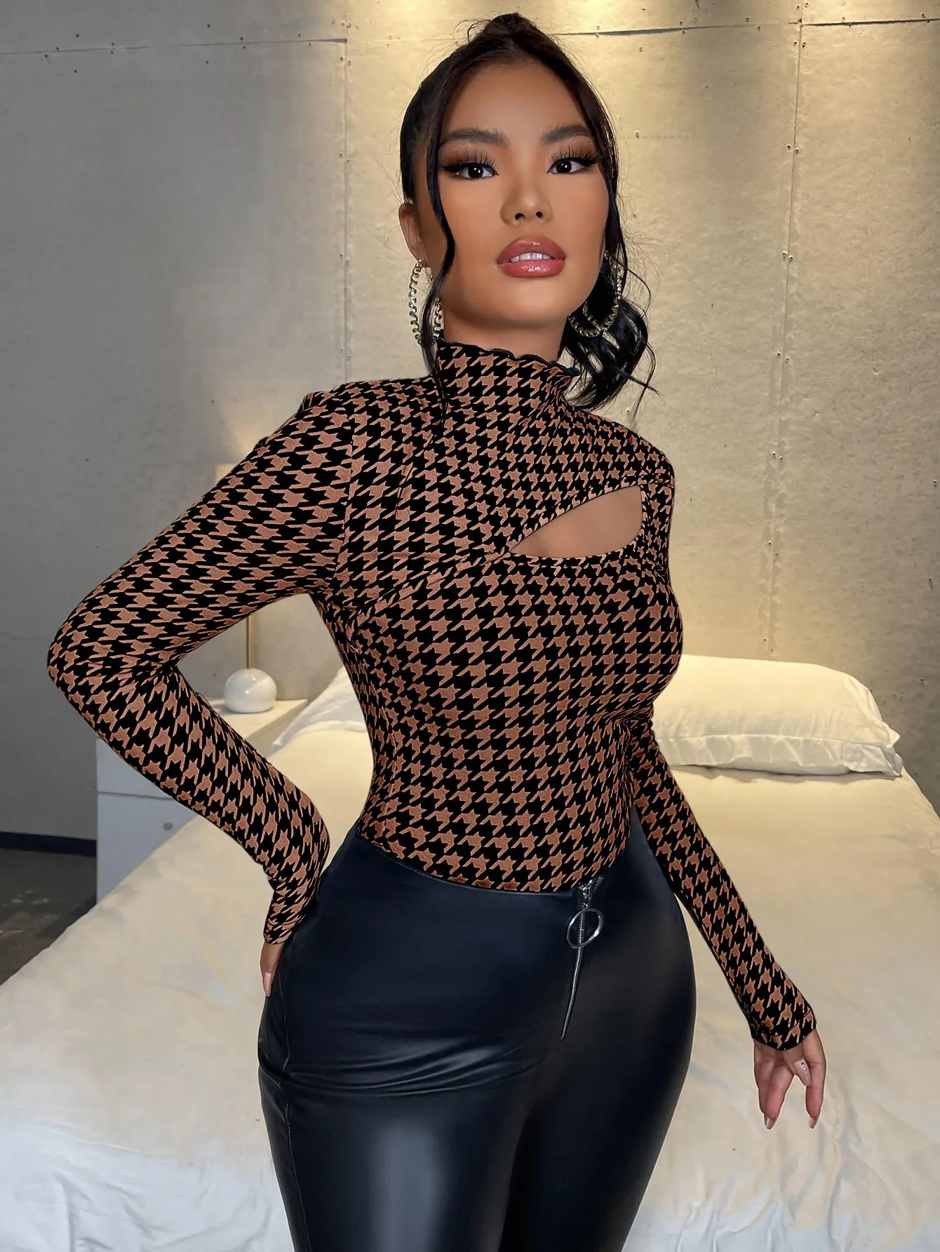 Mock Neck Houndstooth Cut Out Top