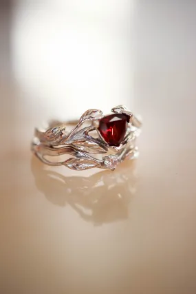 Nature inspired engagement ring set with garnet and diamond / Clematis