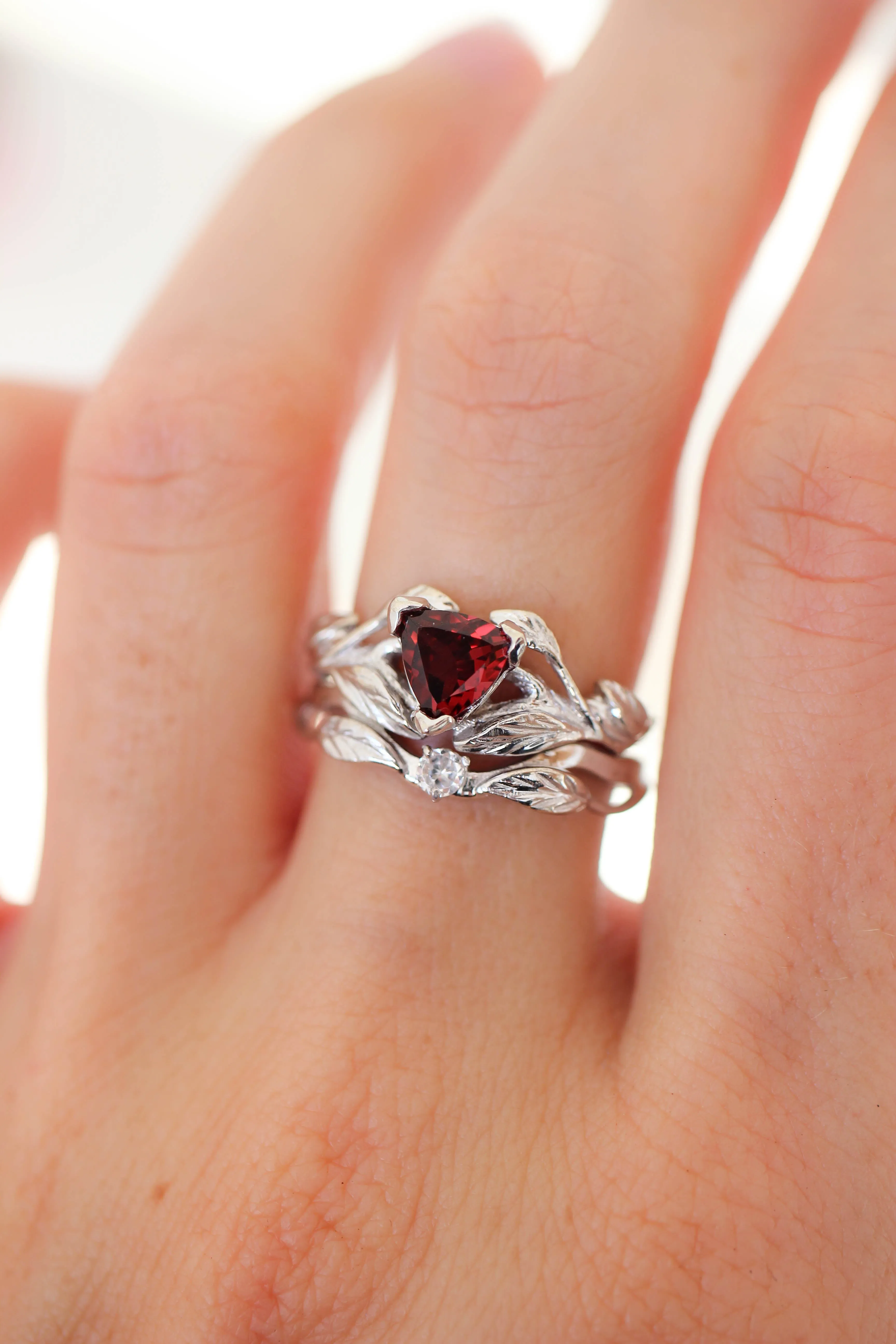 Nature inspired engagement ring set with garnet and diamond / Clematis