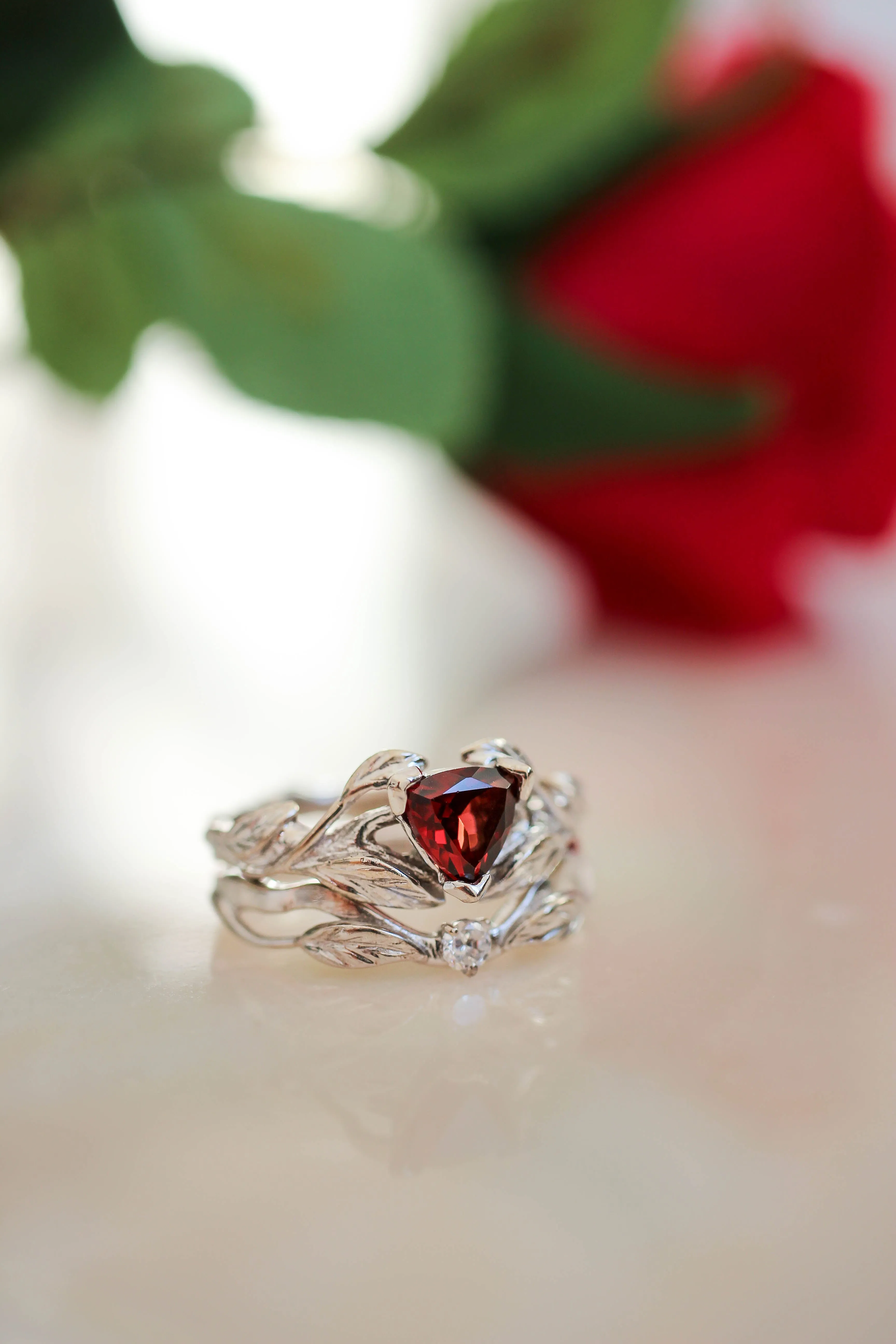 Nature inspired engagement ring set with garnet and diamond / Clematis