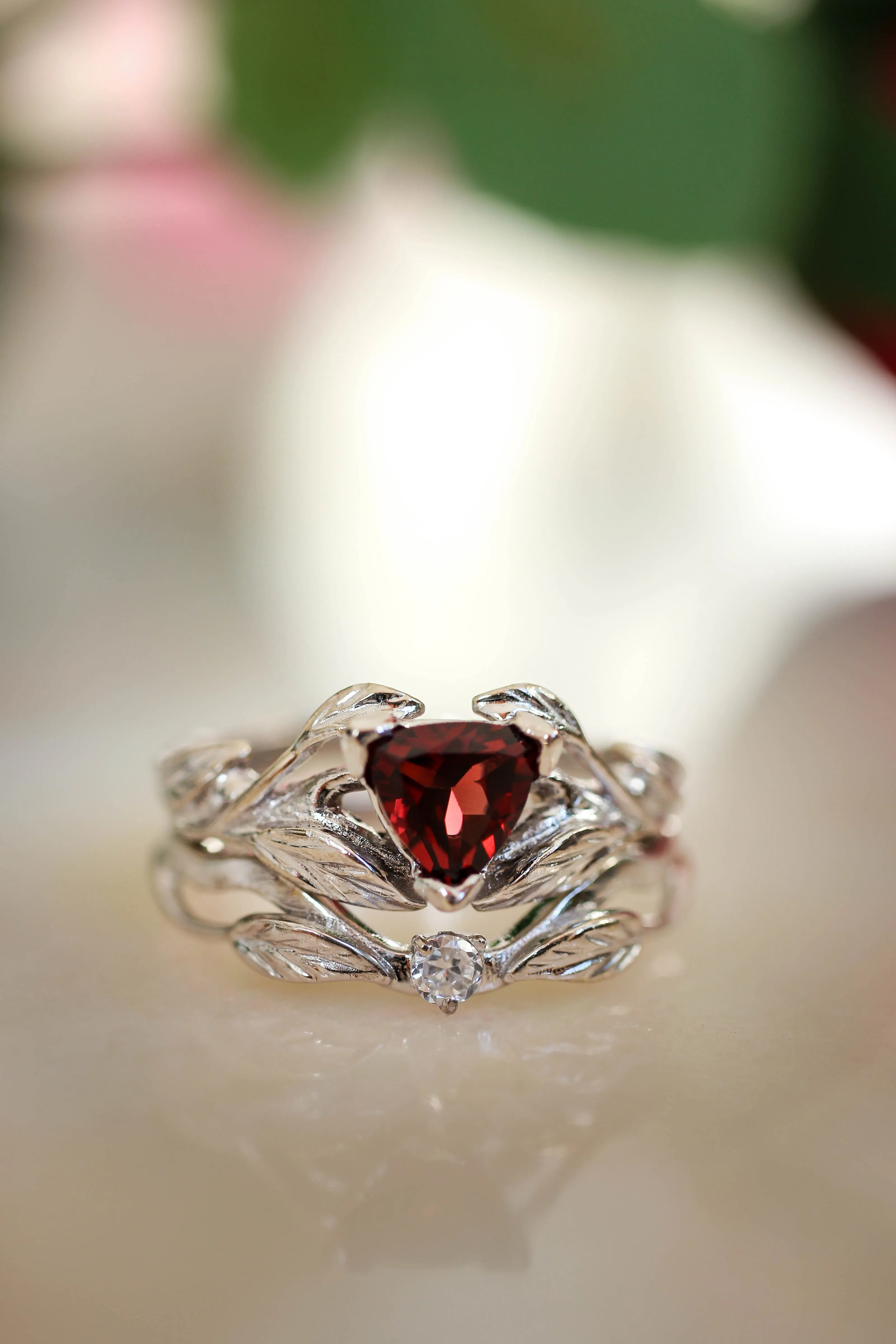 Nature inspired engagement ring set with garnet and diamond / Clematis