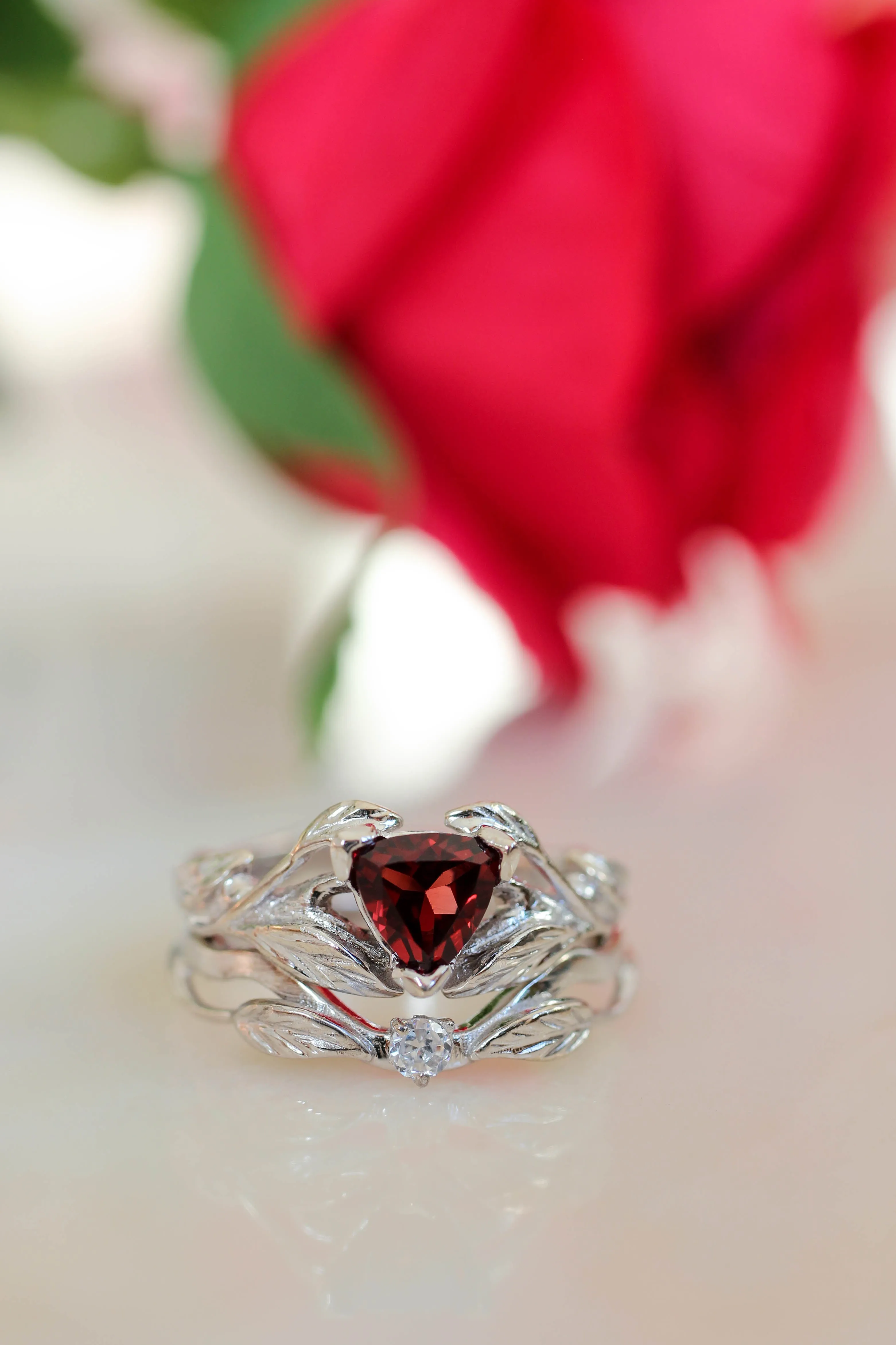 Nature inspired engagement ring set with garnet and diamond / Clematis