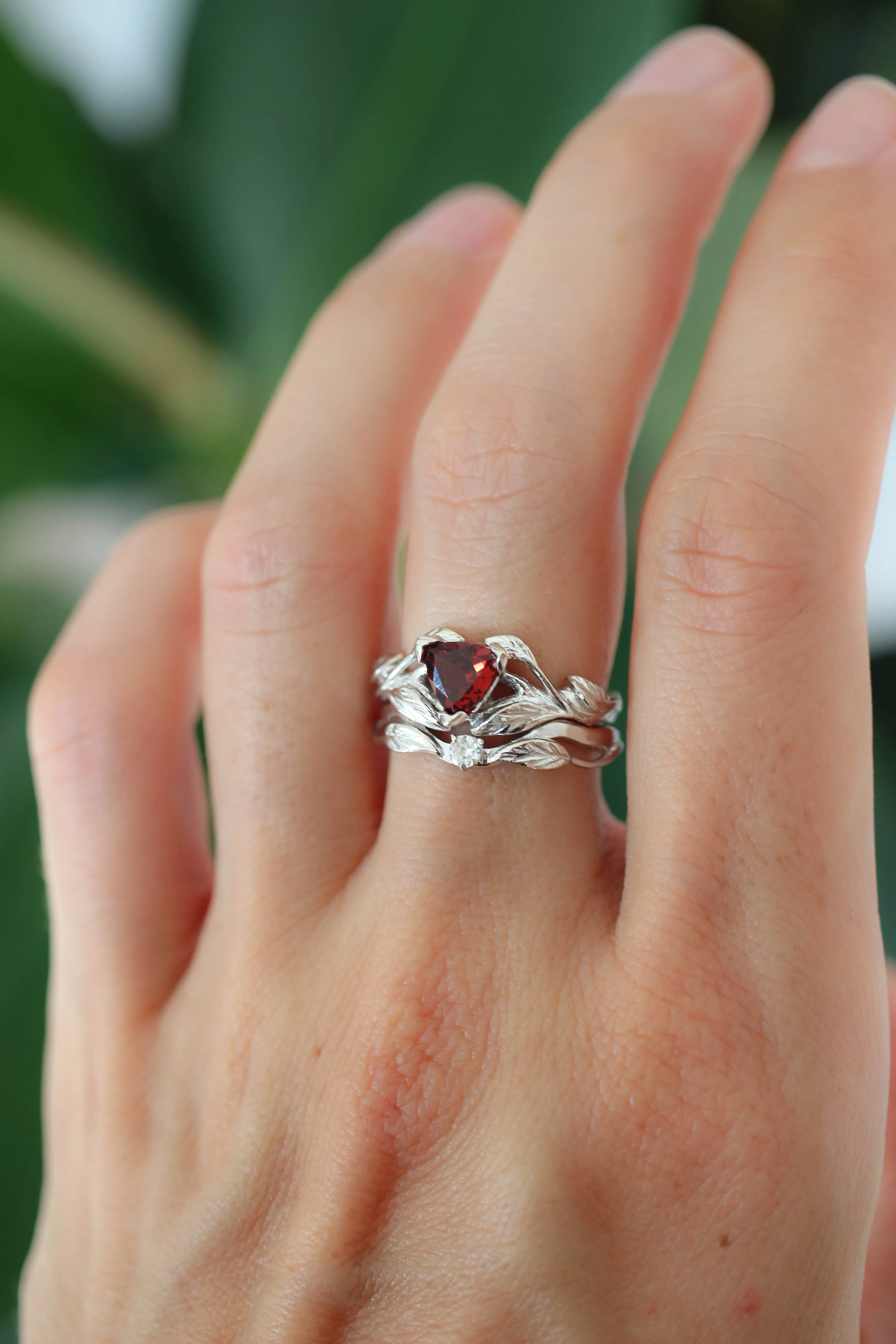 Nature inspired engagement ring set with garnet and diamond / Clematis