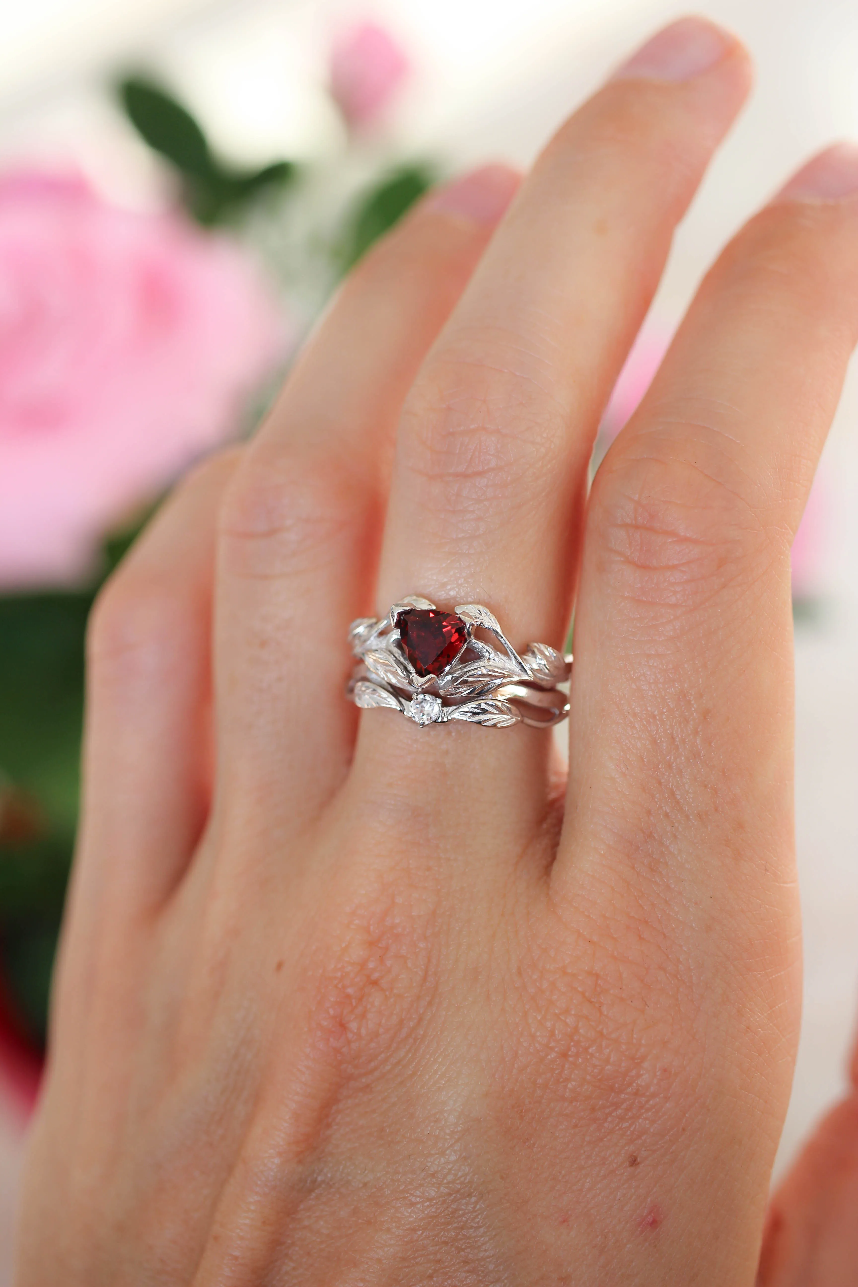 Nature inspired engagement ring set with garnet and diamond / Clematis