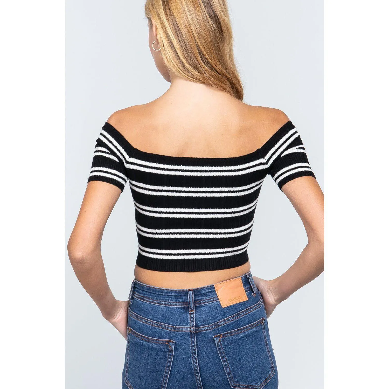 Off Shoulder Stripe Rib Sweater Top