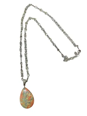 Olive Unakite Teardrop Pendant Long Necklace on Silver Chain