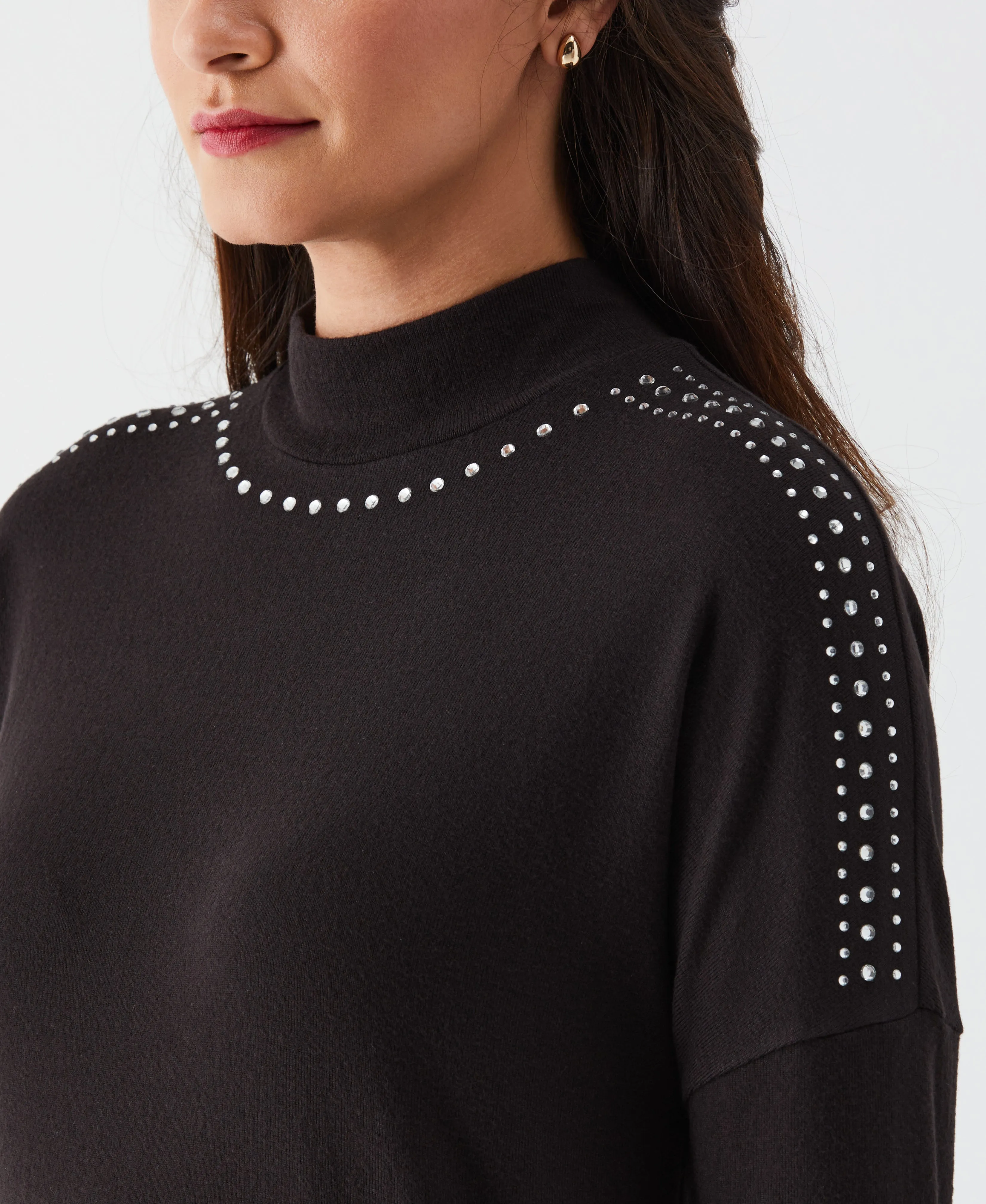 Petite Embellished Mock Neck Top