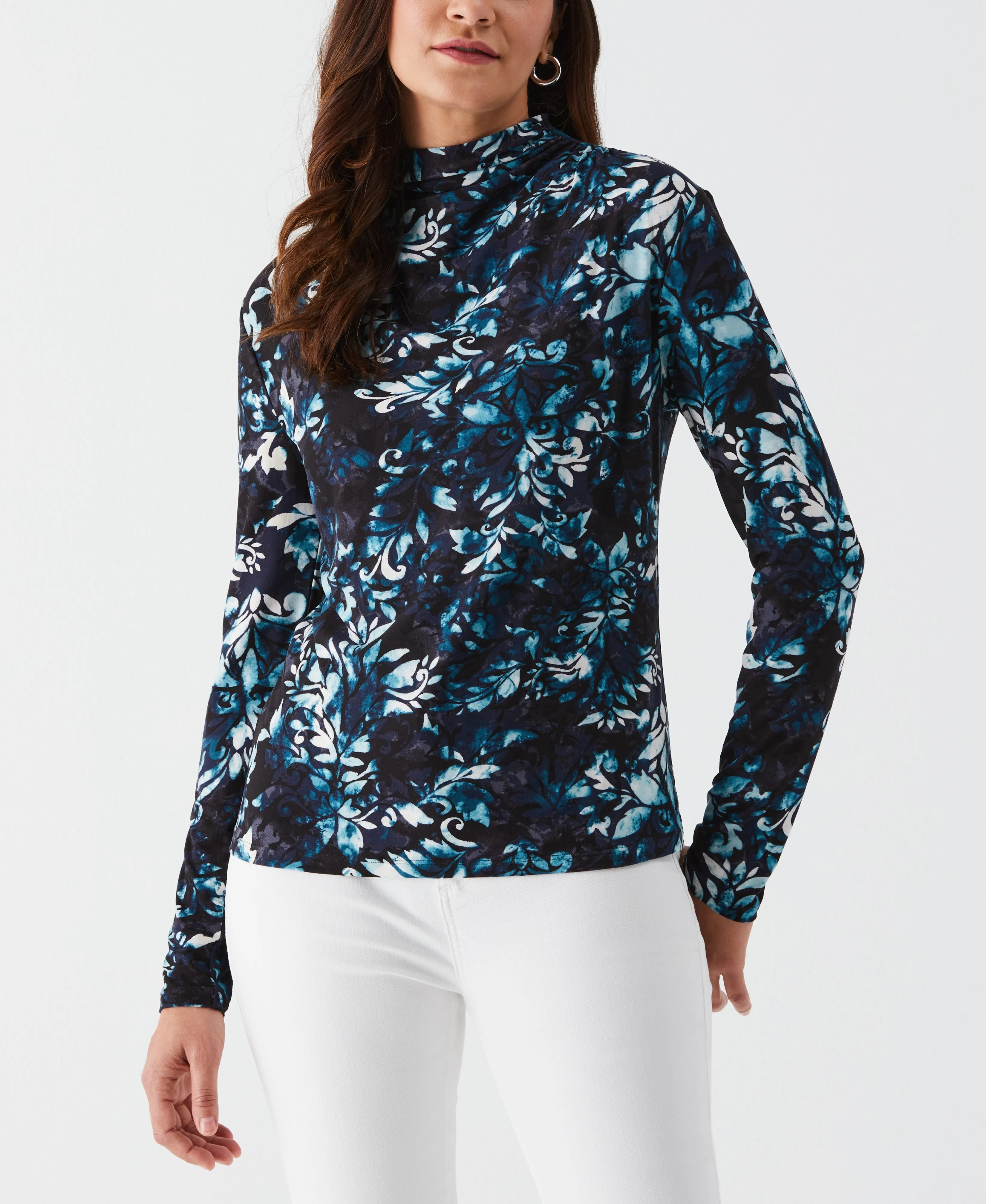 Petite Shadow Damask Print Ruched Mock Neck Top