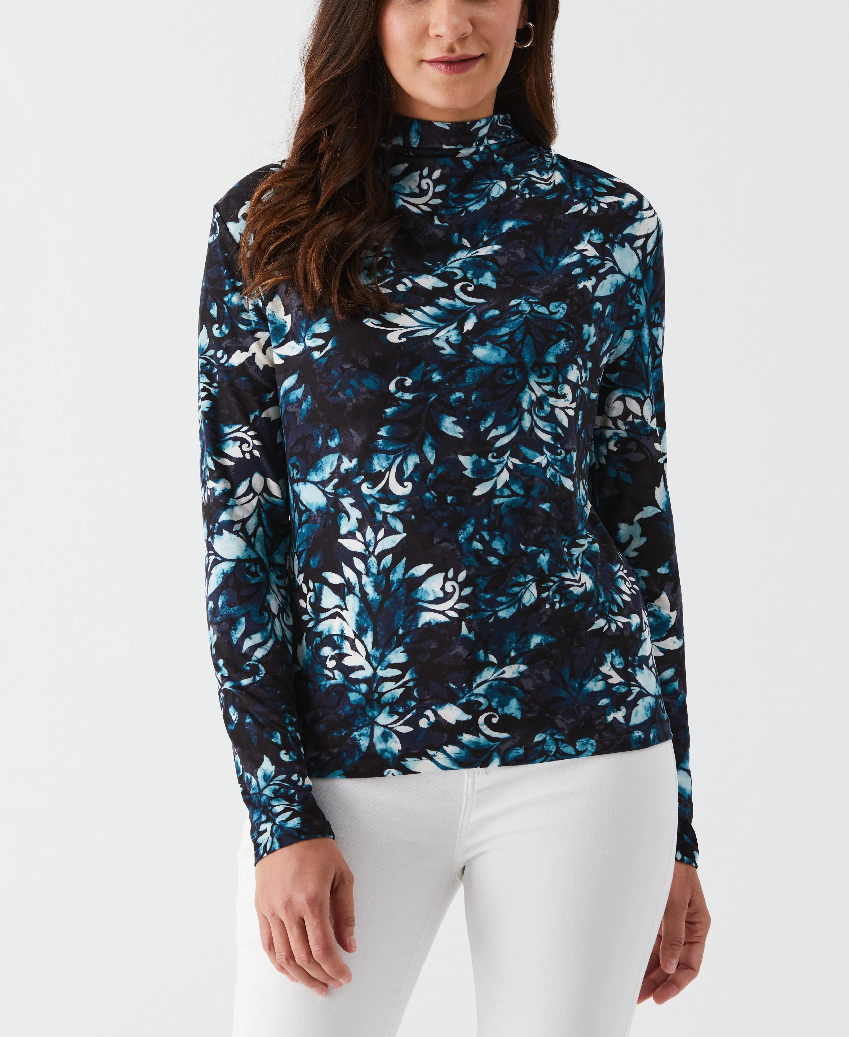 Petite Shadow Damask Print Ruched Mock Neck Top