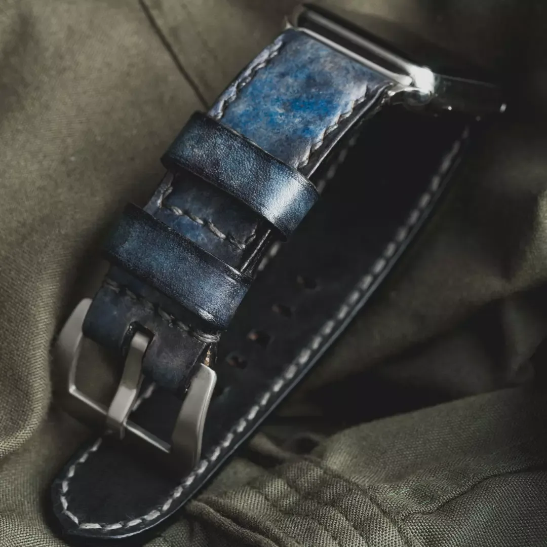 "Camouflage" Hand-dyed Cowhide Leather Strap, Denim Blue | Apple Watch