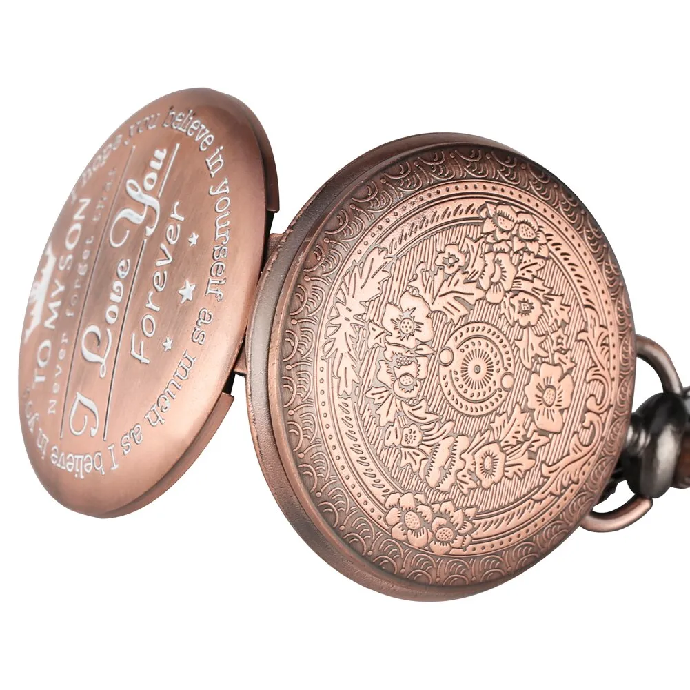 "To My Son I Love You" Rose Gold Punk Roman Numerals Display Necklace Chain Pendant Pocket Watch