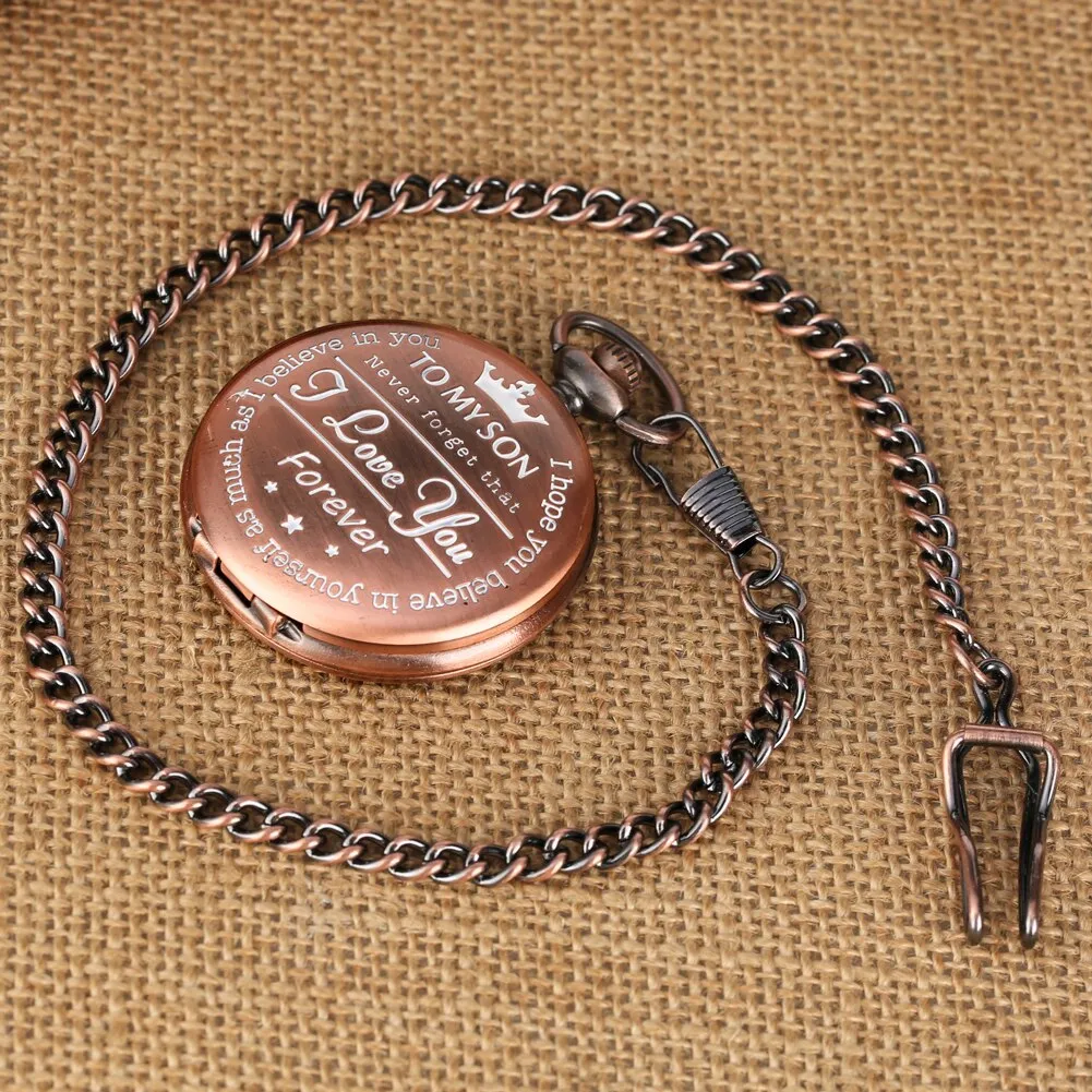 "To My Son I Love You" Rose Gold Punk Roman Numerals Display Necklace Chain Pendant Pocket Watch