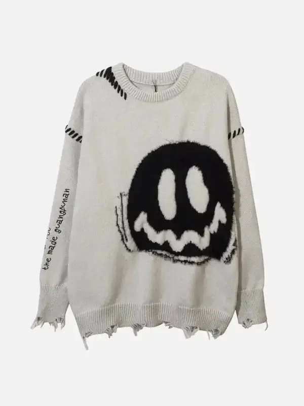 Retro Charm Knit Distressed Smiley Sweater