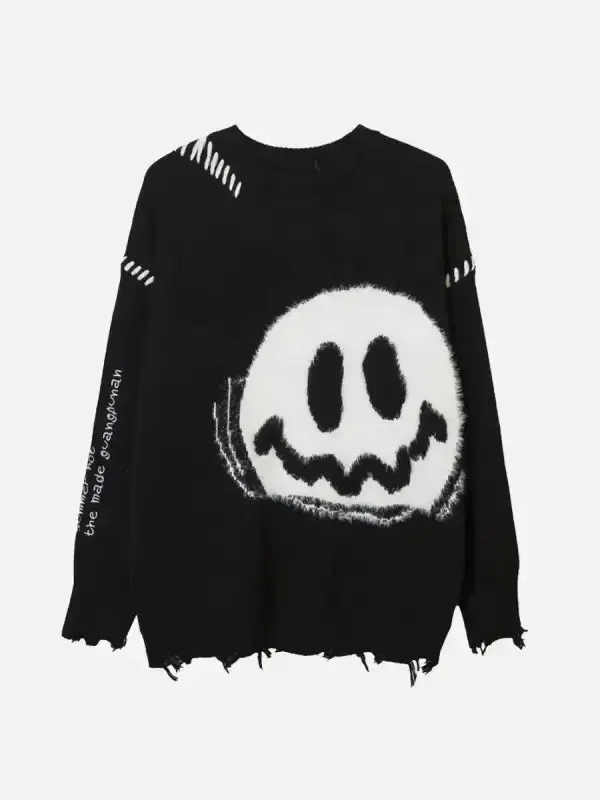 Retro Charm Knit Distressed Smiley Sweater