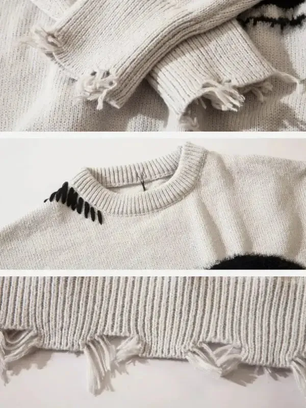 Retro Charm Knit Distressed Smiley Sweater